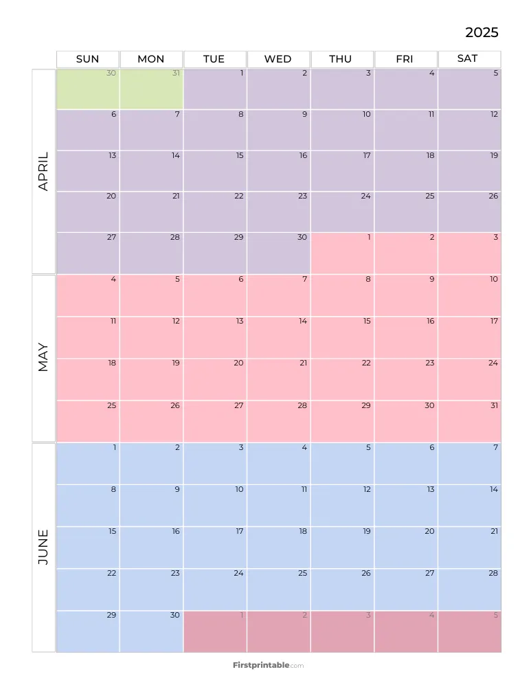 Printable Quarterly Calendar 2025 Q2 - Template 05