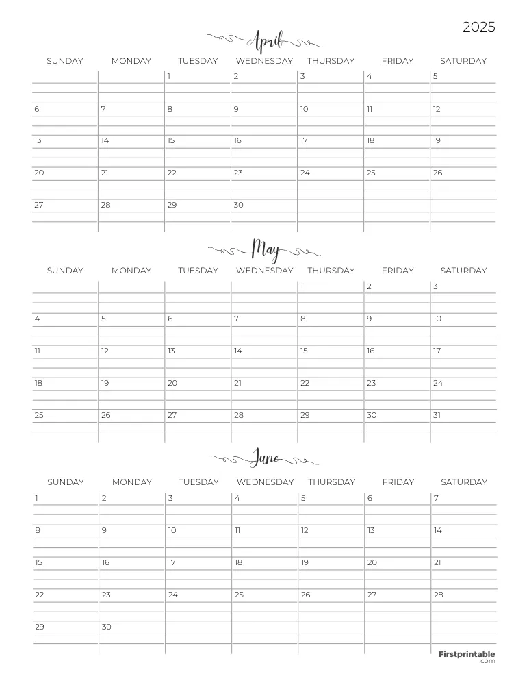 Printable Quarterly Calendar 2025 Q2 - Template 07