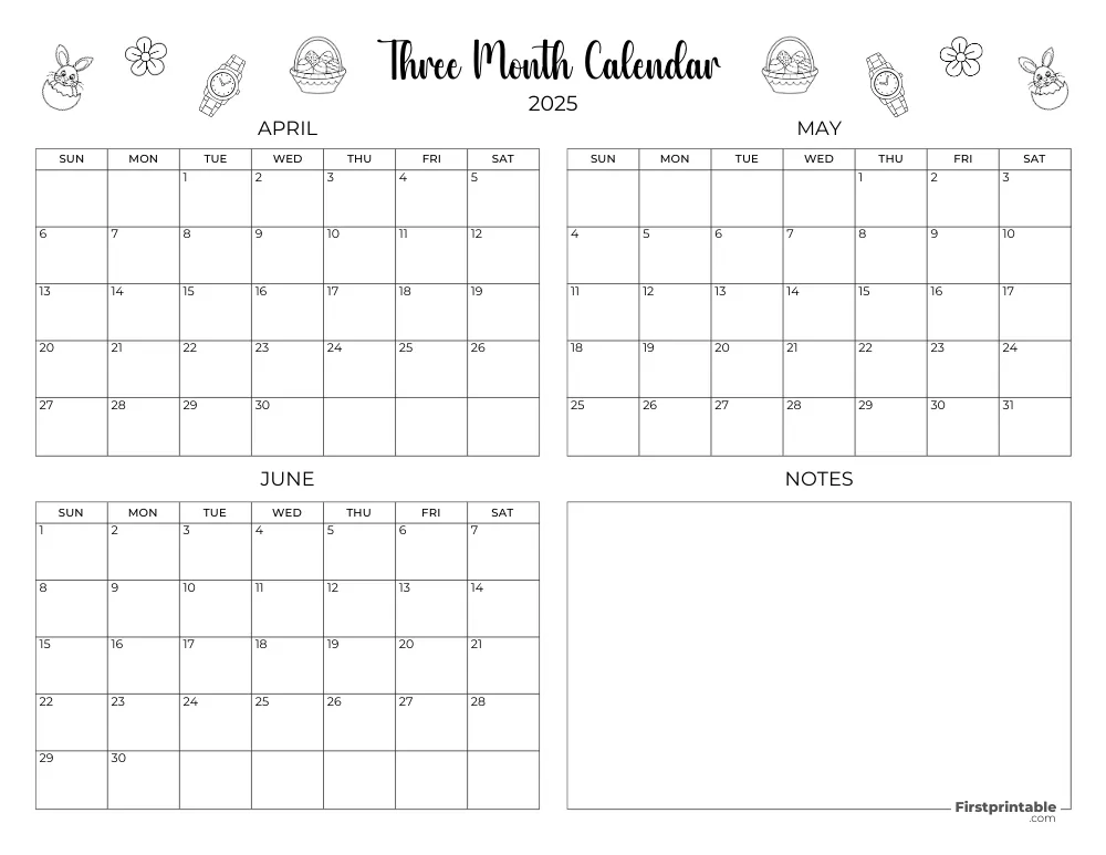 Printable Quarterly Calendar 2025 Q2 - Template 10