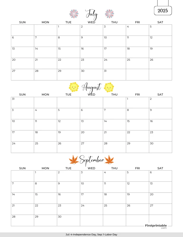 Printable Quarterly Calendar 2025 Q3 - Template 01