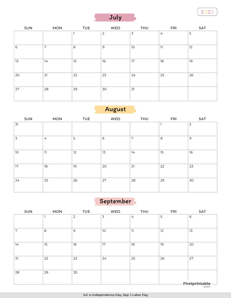 Printable Quarterly Calendar 2025 Q3 - Template 02