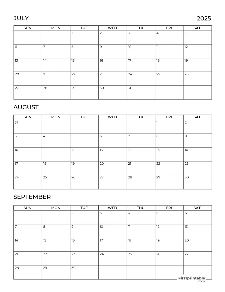 Printable Quarterly Calendar 2025 Q3 - Template 03