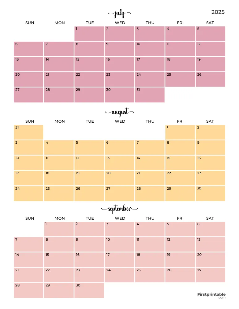 Printable Quarterly Calendar 2025 Q3 - Template 04