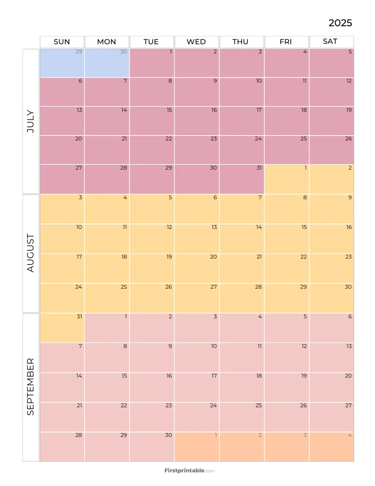 Printable Quarterly Calendar 2025 Q3 - Template 05