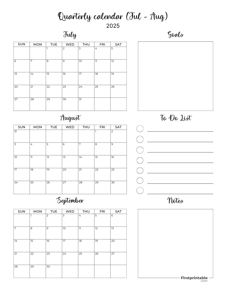 Printable Quarterly Calendar 2025 Q3 - Template 06