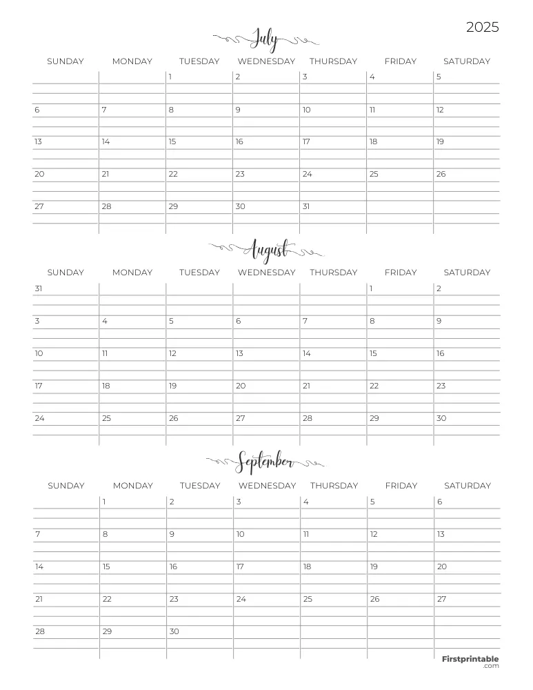 Printable Quarterly Calendar 2025 Q3 - Template 07