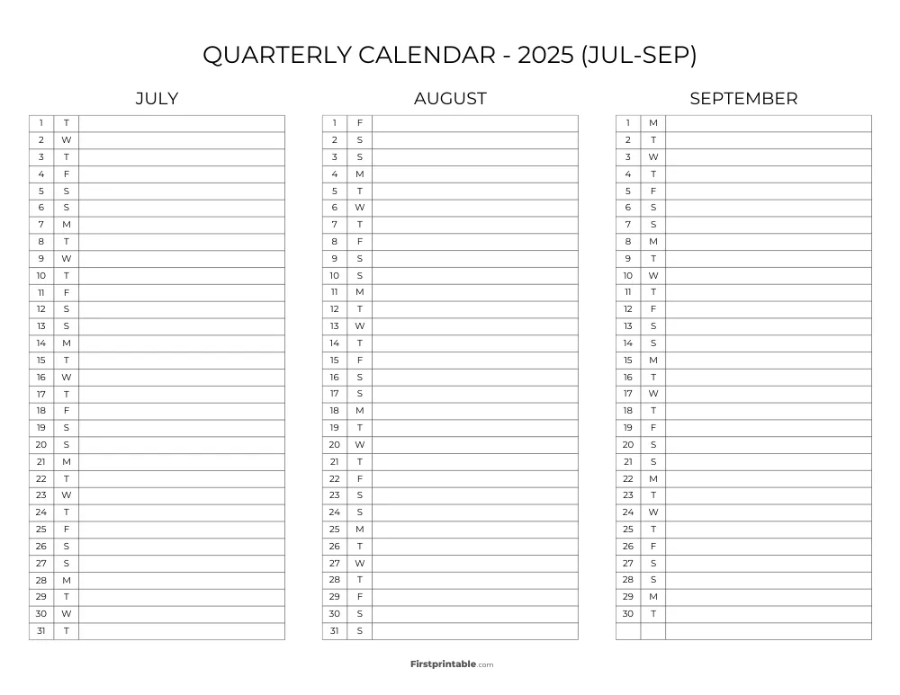 Printable Quarterly Calendar 2025 Q3 - Template 09