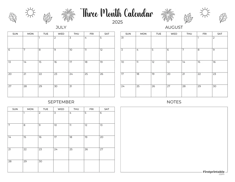 Printable Quarterly Calendar 2025 Q3 - Template 10