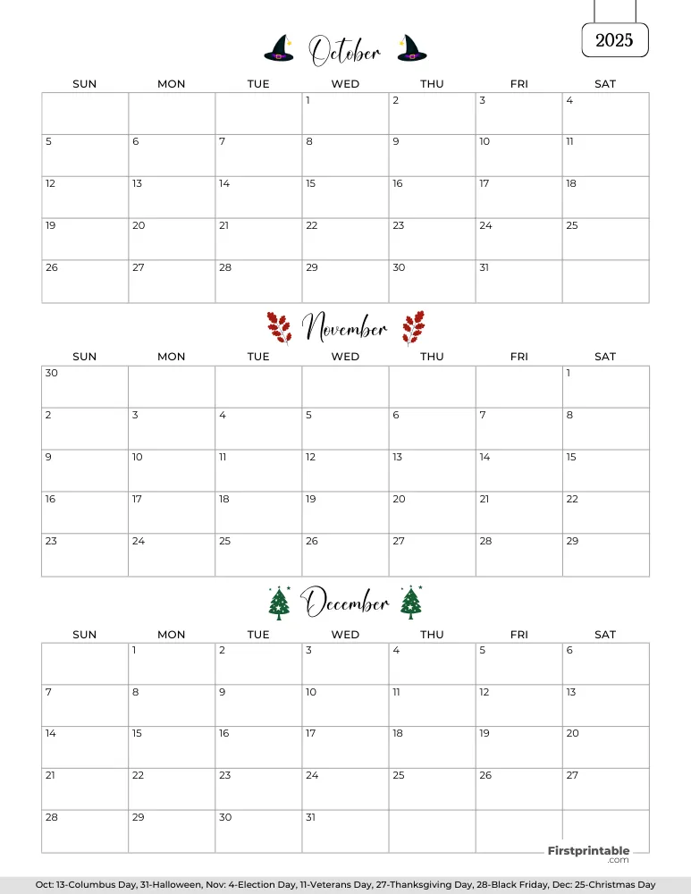 Printable Quarterly Calendar 2025 Q4 - Template 01