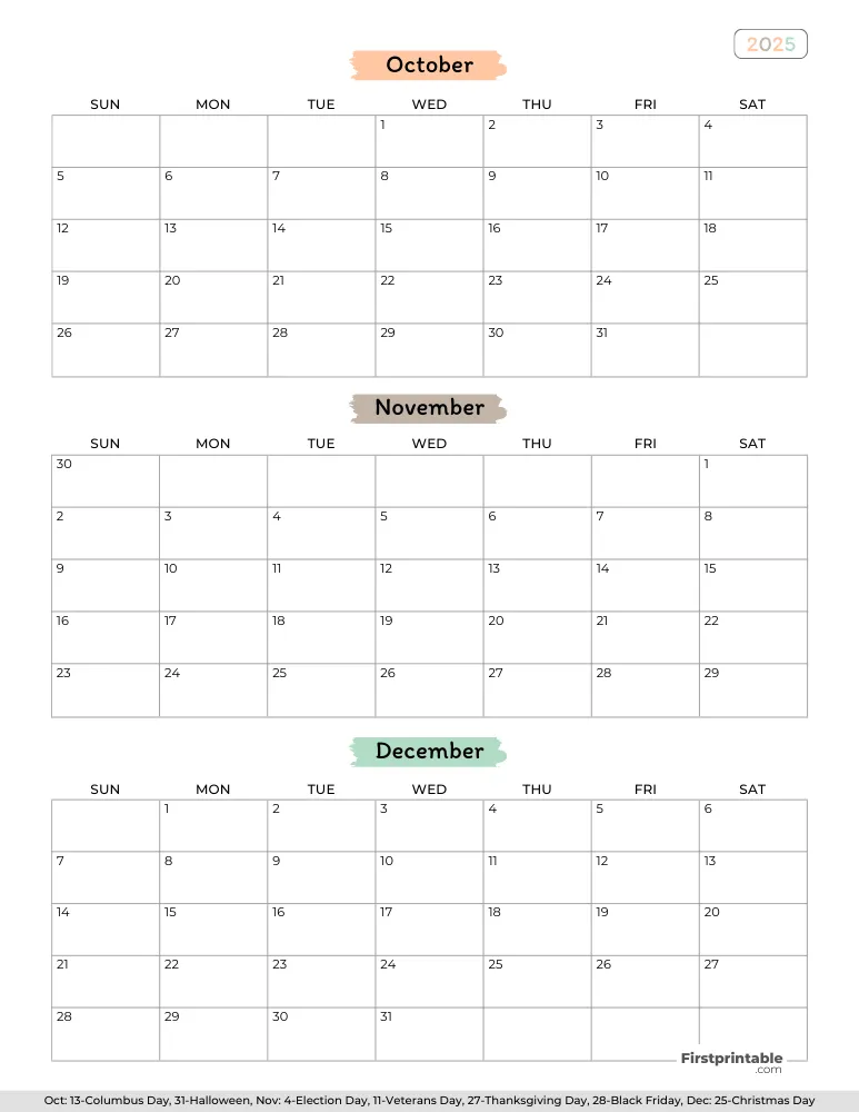 Printable Quarterly Calendar 2025 Q4 - Template 02