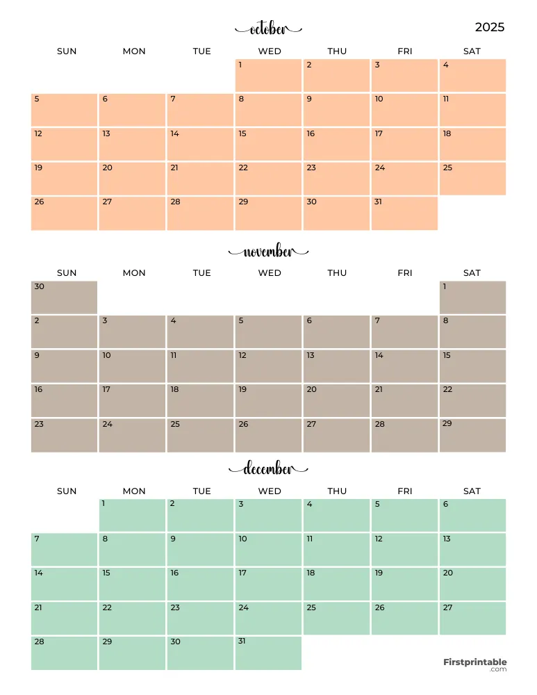 Printable Quarterly Calendar 2025 Q4 - Template 04