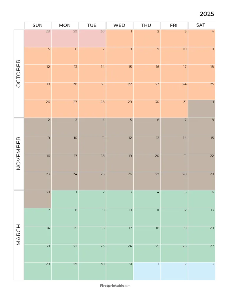 Printable Quarterly Calendar 2025 Q4 - Template 05