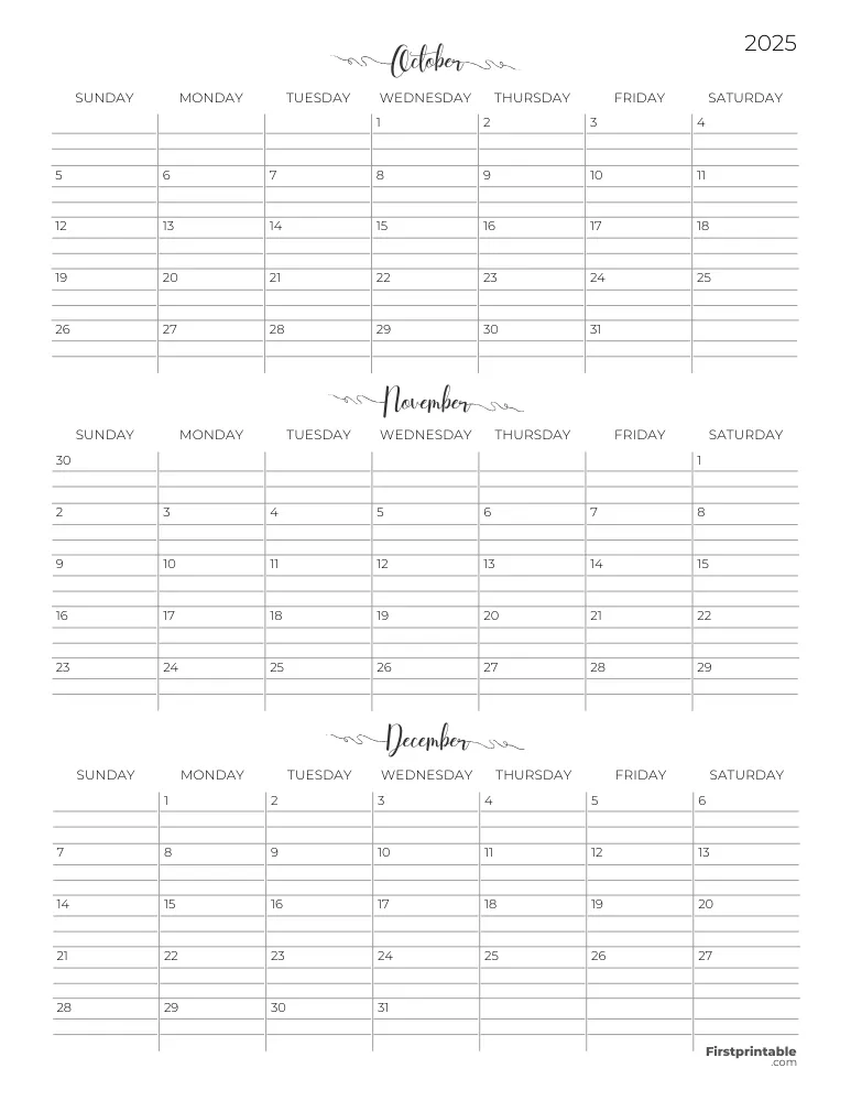 Printable Quarterly Calendar 2025 Q4 - Template 07