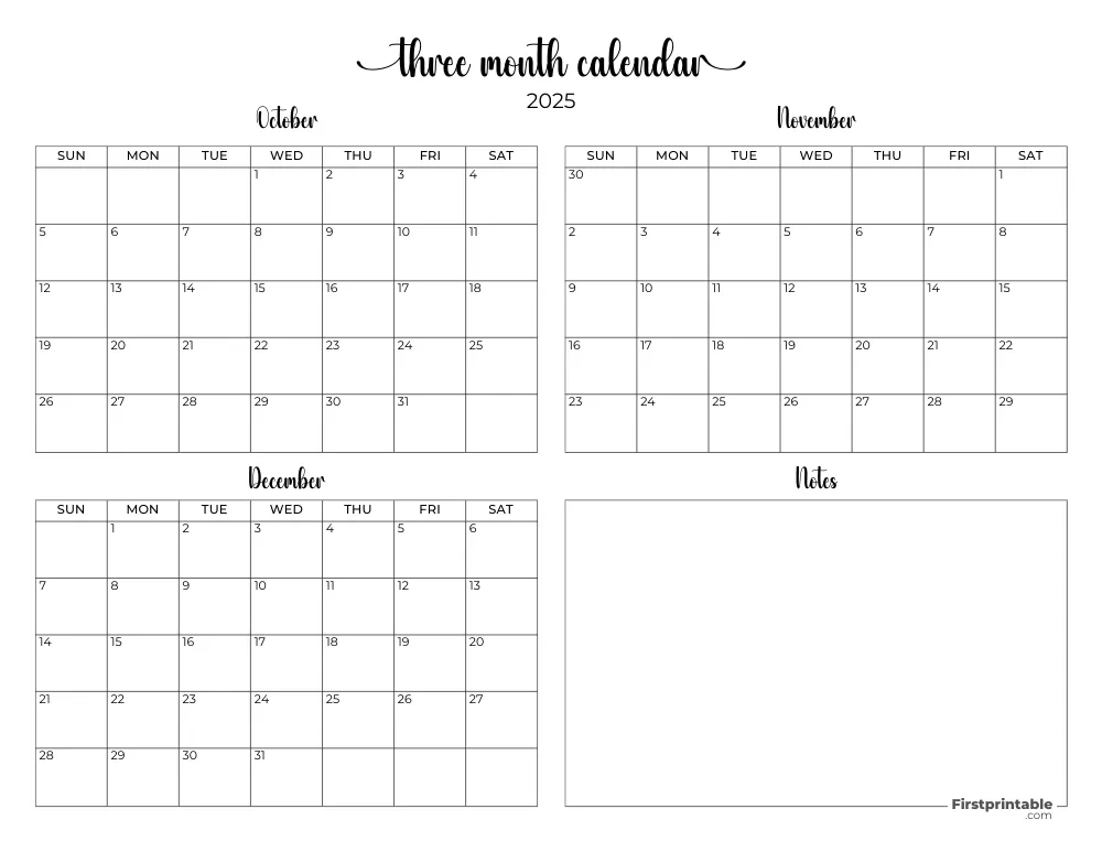 Printable Quarterly Calendar 2025 Q4 - Template 08