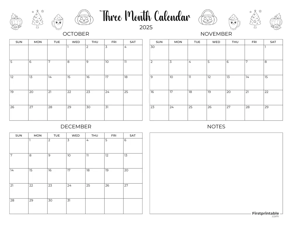 Printable Quarterly Calendar 2025 Q4 - Template 10