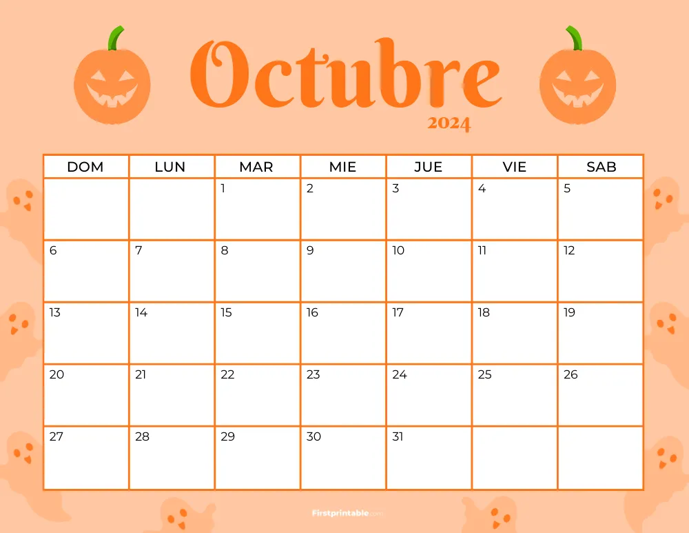 Spanish Printable October Calendar 2024 Halloween Template 36