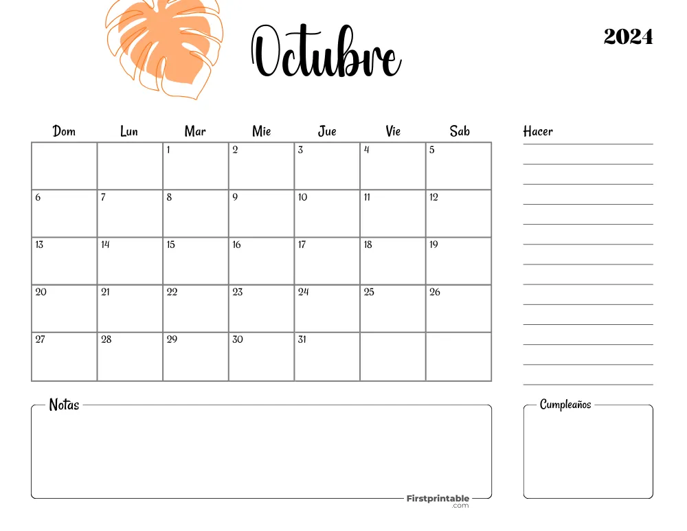 Spanish Printable October Calendar 2024 Template 37