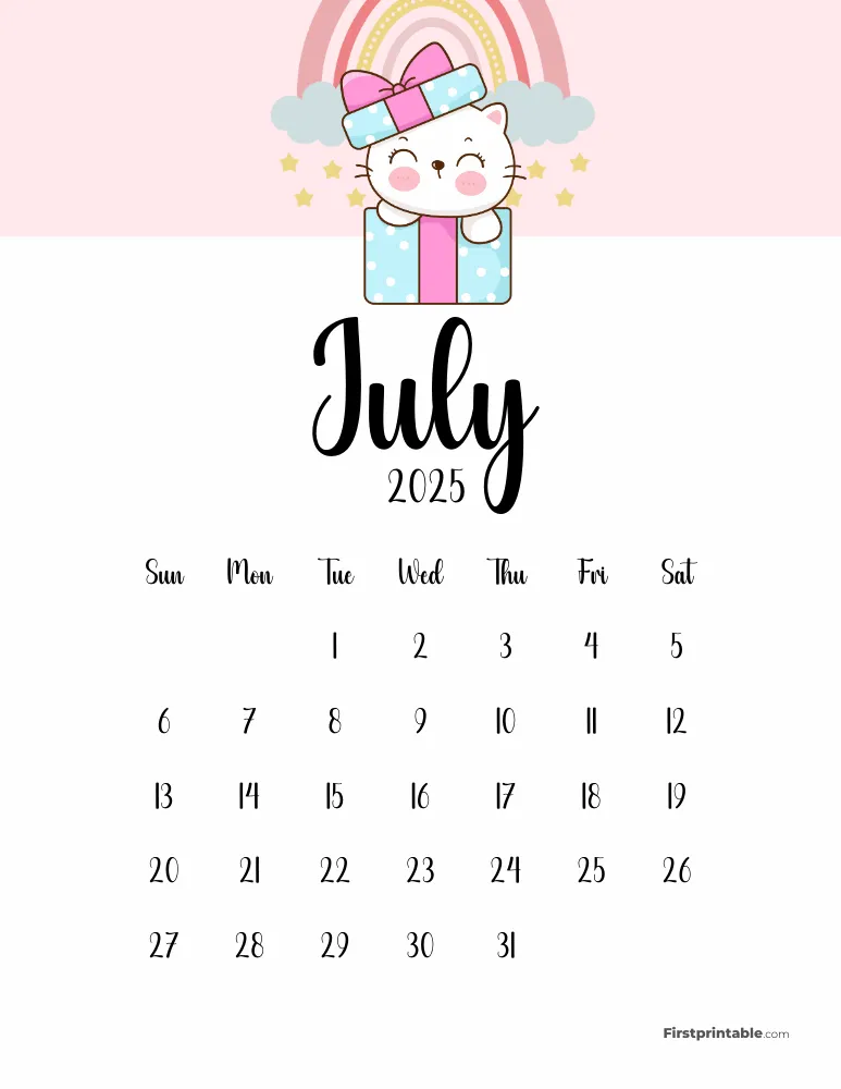 Cute Cat July 2025 Calendar