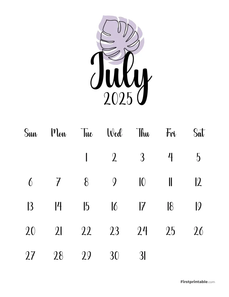 Cute Monstera July 2025 Calendar