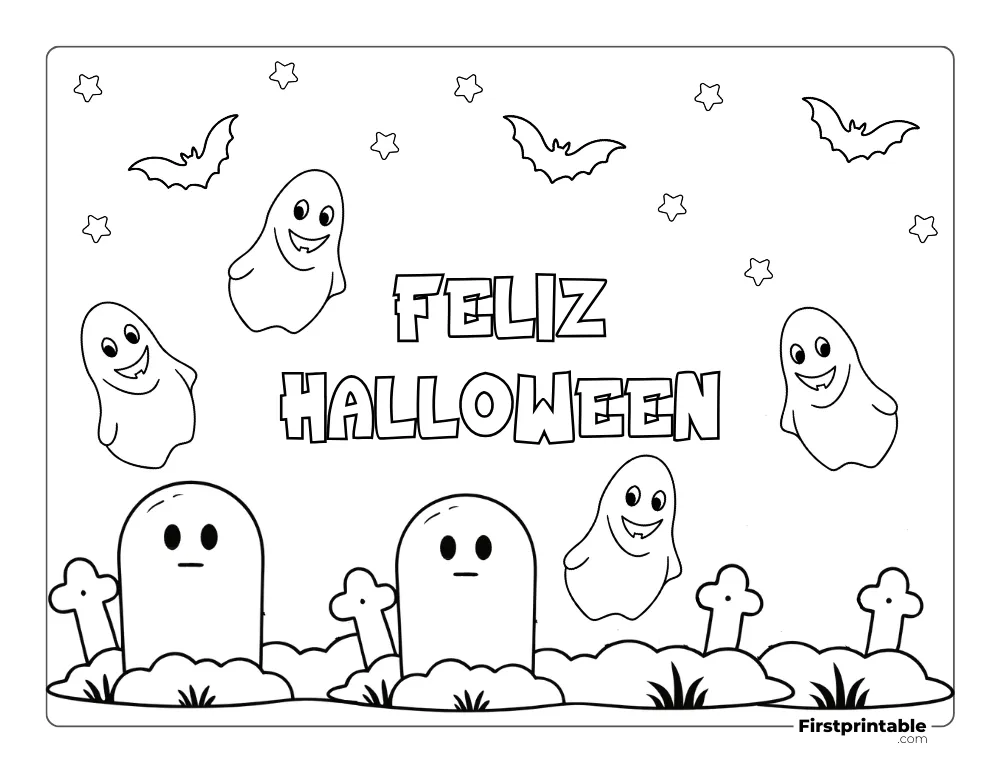 Dibujos Para Colorear De Halloween Lindo Cementerio Fantasma