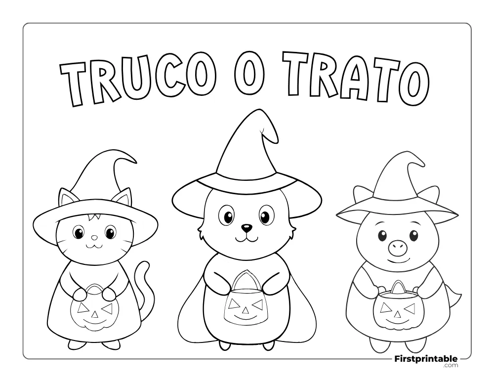 Dibujos para colorear de Halloween Disfraz de gato, perro, cerdo