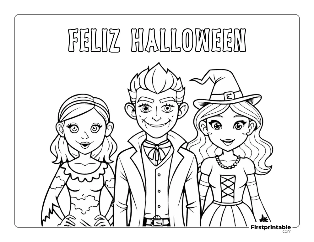 Dibujos para colorear de Halloween Disfraz de zombi, vampiro y bruja