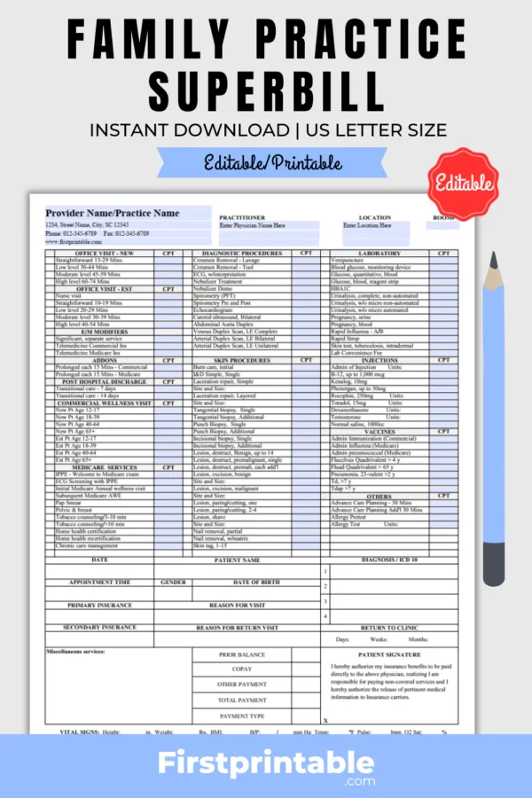 A printed sheet with rows and columns of text, checkboxes and codes related to family medicine billing.