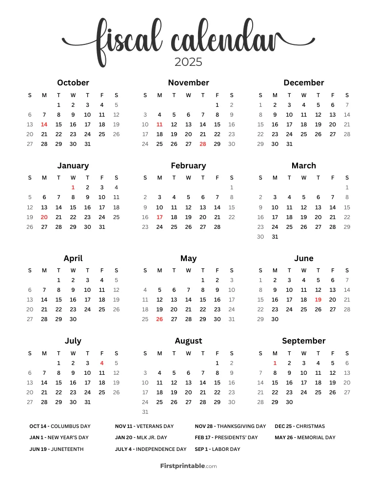 Fiscal Calendar Year 2025 Printable PDF Templates