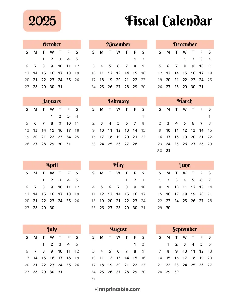 Fiscal Calendar Year 2025 Printable PDF Templates