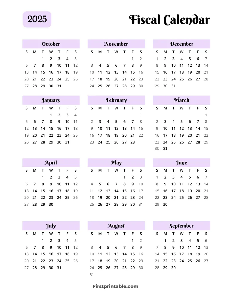 Fiscal Calendar Year 2025 Printable PDF Templates