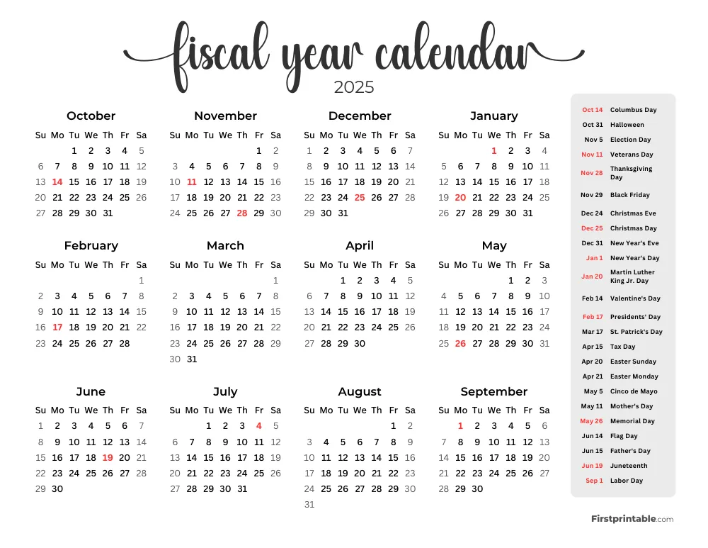 Fiscal Calendar Year 2025 Printable Template 12