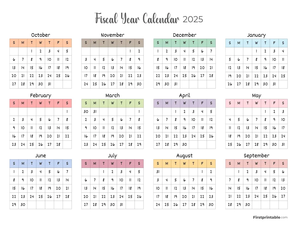 Fiscal Calendar Year 2025 | Printable PDF Templates