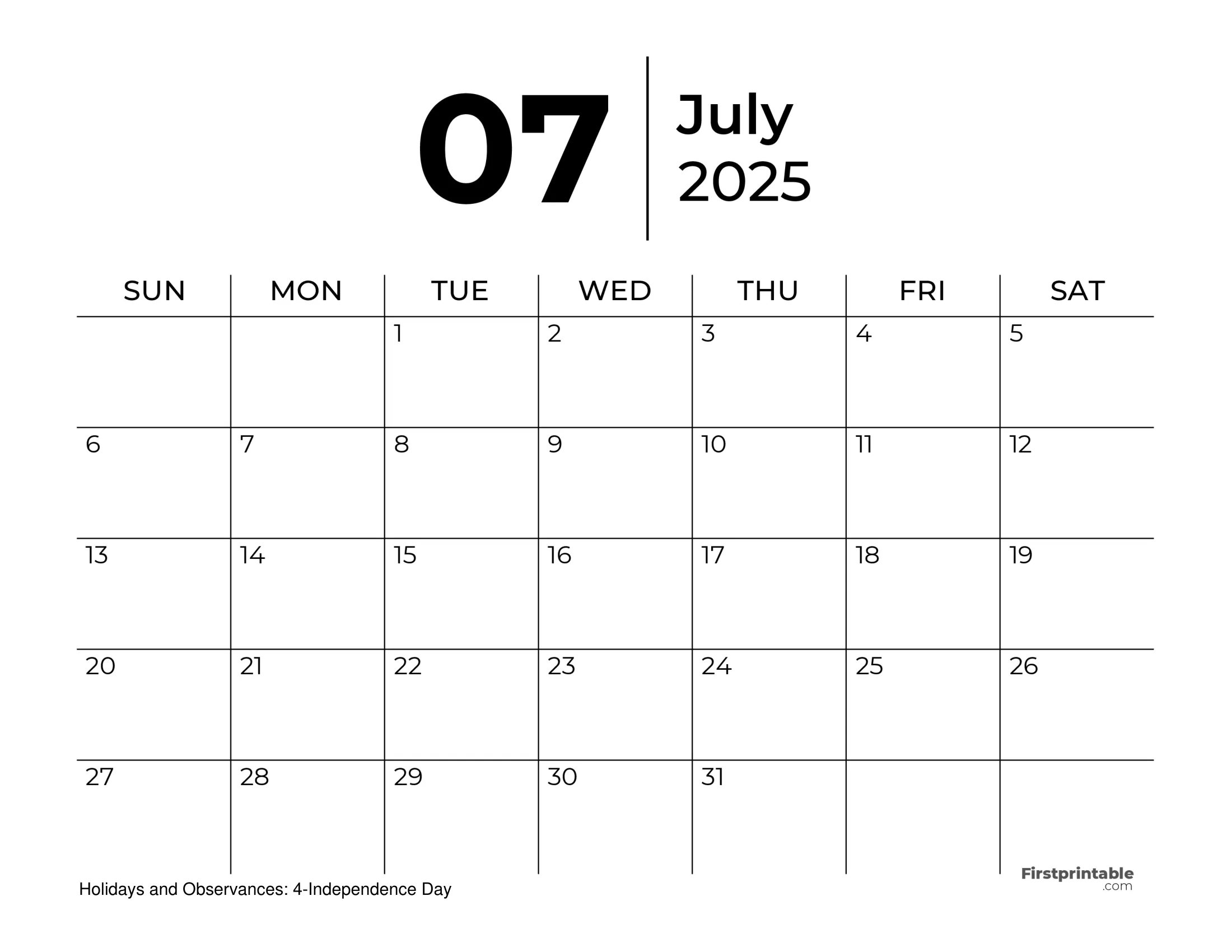 Free Printable July 2025 Calendar