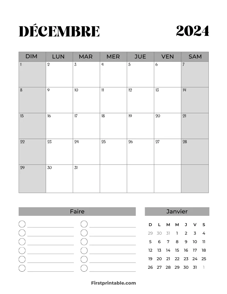 French Printable December Calendar 2024 Template 38