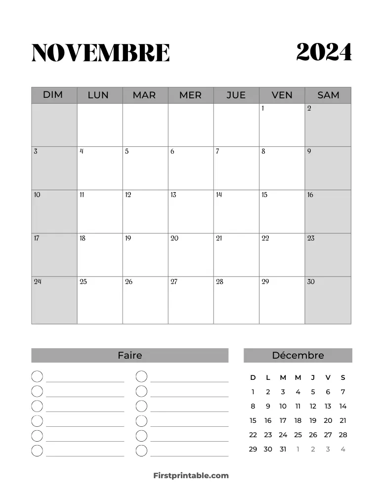 French Printable November Calendar 2024 Template 38