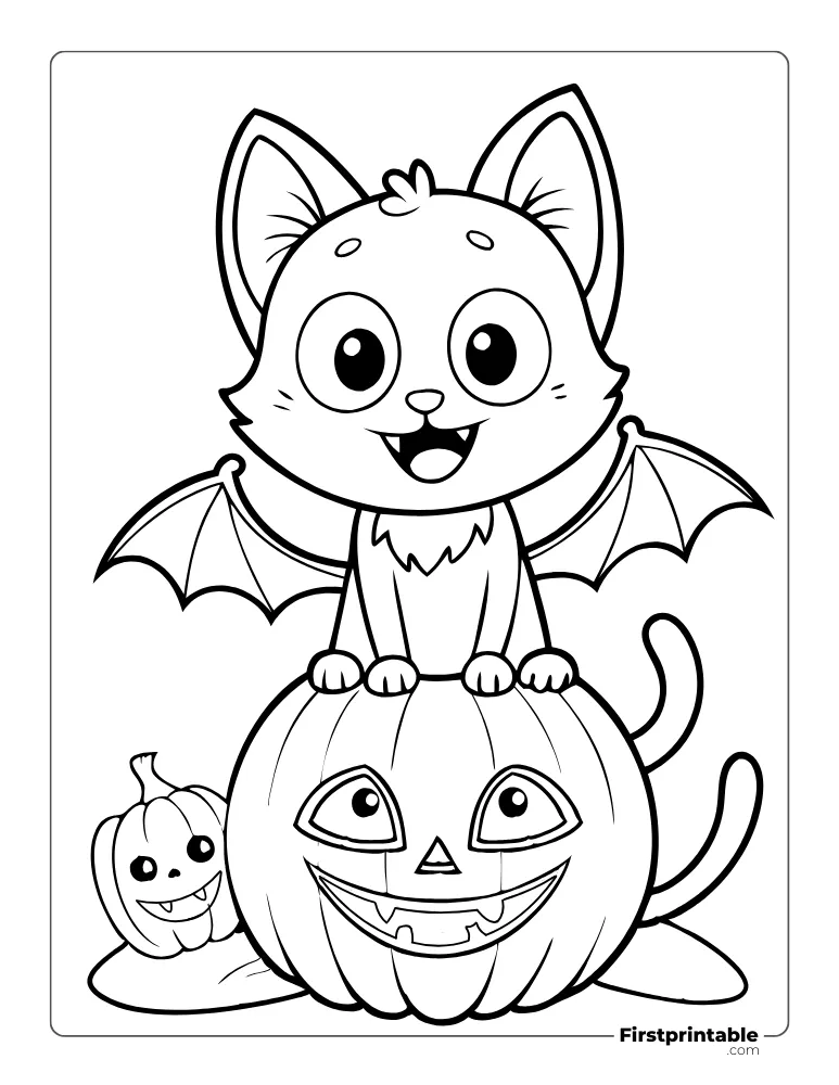 Cute Bat sitting on the Pumpkin Coloring Page