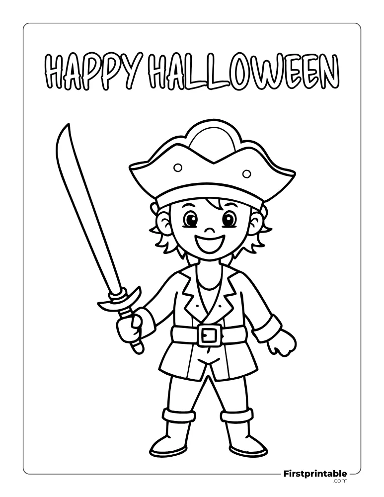 Boy in a Pirate Costume "Happy Halloween" Coloring Page