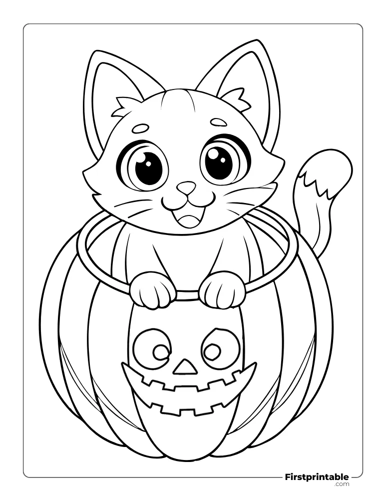 Cat Peeking out from the Jack O Lantern Pumpkin Coloring Page