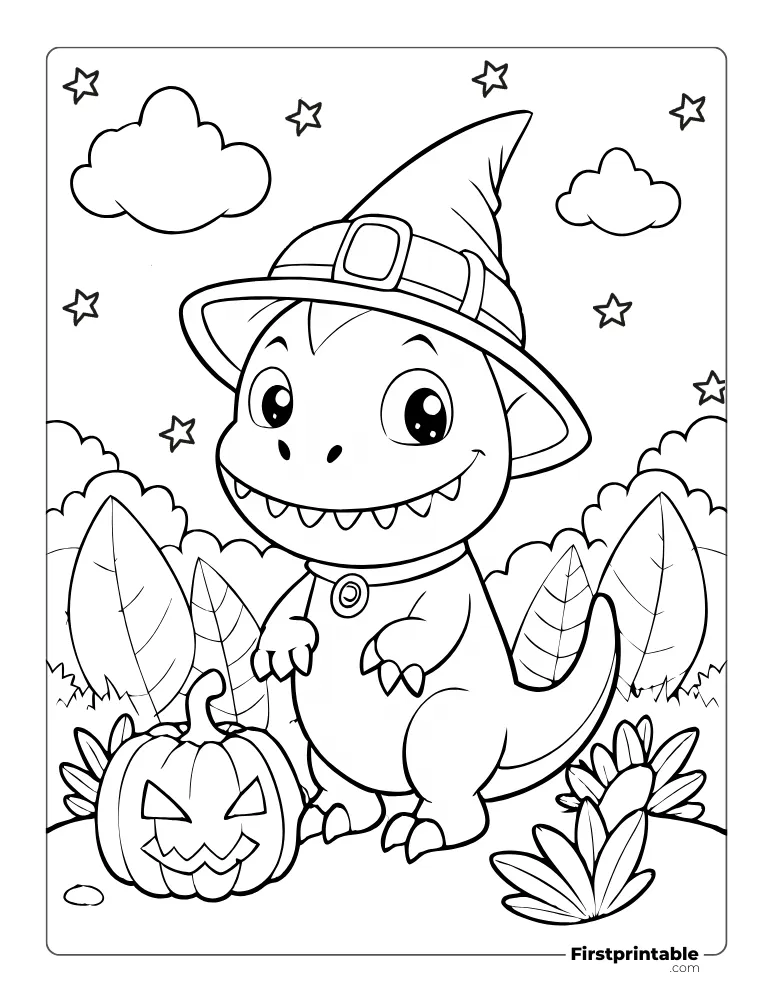 Dino Walking on a Spooky Night Coloring Sheet