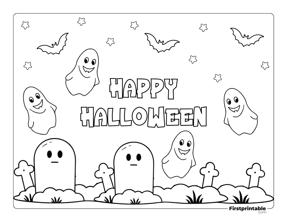 Ghost Floating in Cemetery Coloring Page