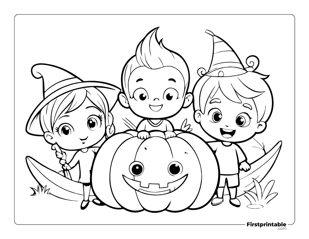 Kids Hiding Behind a Big Jack O' Lantern Coloring Page.