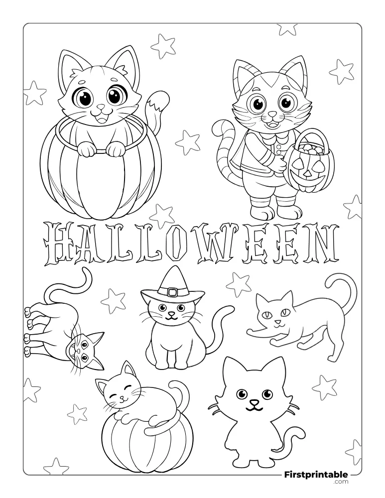 Halloween Cute Cats Coloring Page