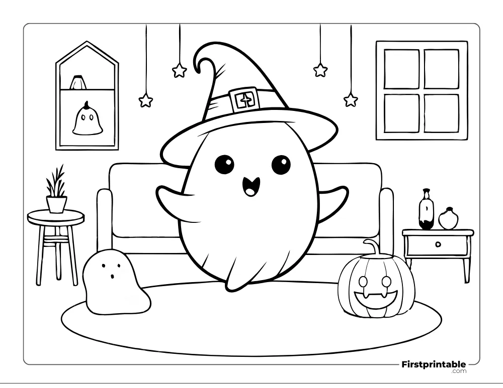 Happy Ghost Floating in Living Room to Color