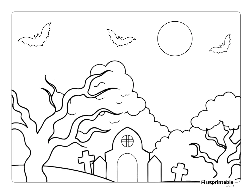 Scary Haunted Cemetery Coloring Page