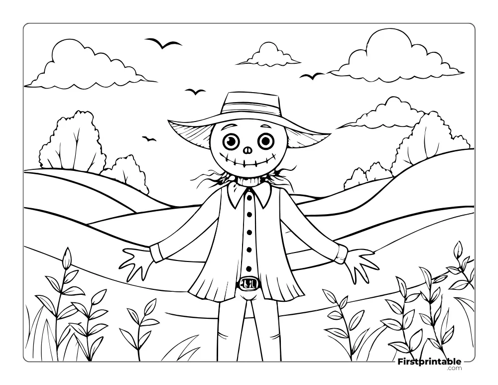 Scarecrow in the Haunted Field Coloring Page