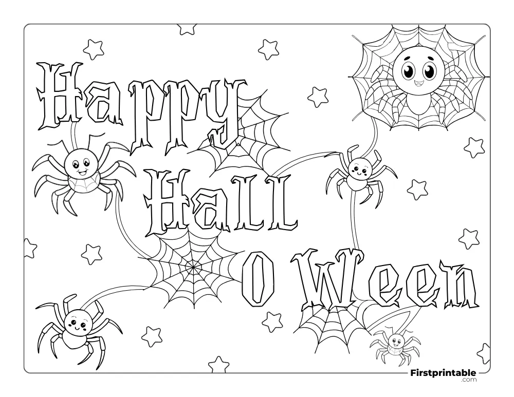 Free to print Happy Halloween Coloring Page with a Spider Web.