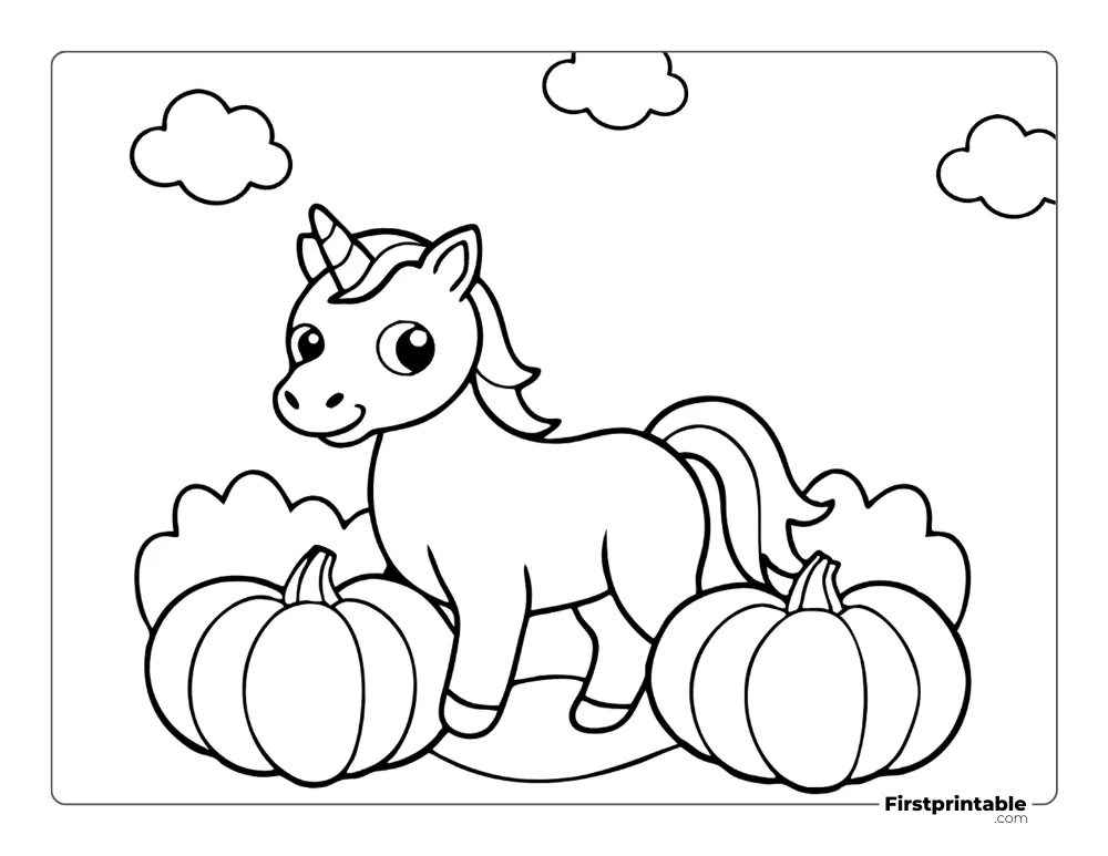 Unicorn in Pumpkin Patch Coloring Page