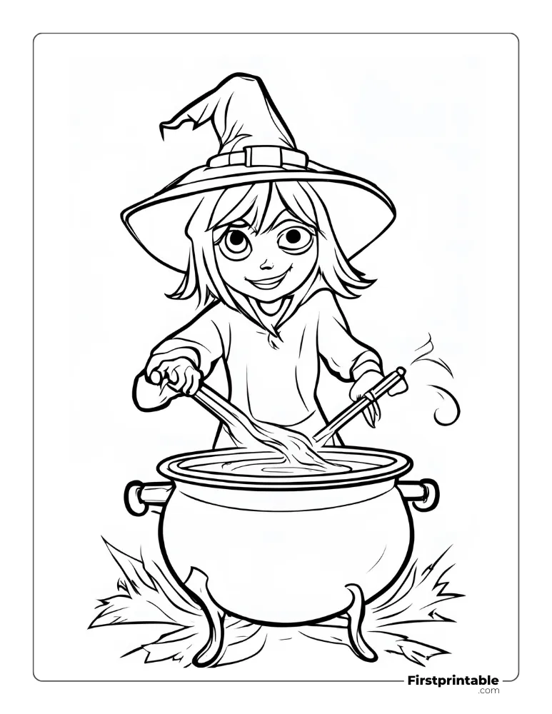 Cute Witch Cooking Cauldron Halloween Coloring page