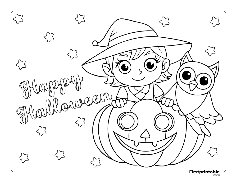 Witch, Owl and Pumpkin - Halloween Coloring Page