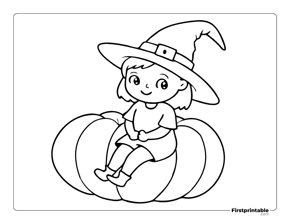 Witch Girl and Pumpkin Coloring Sheet